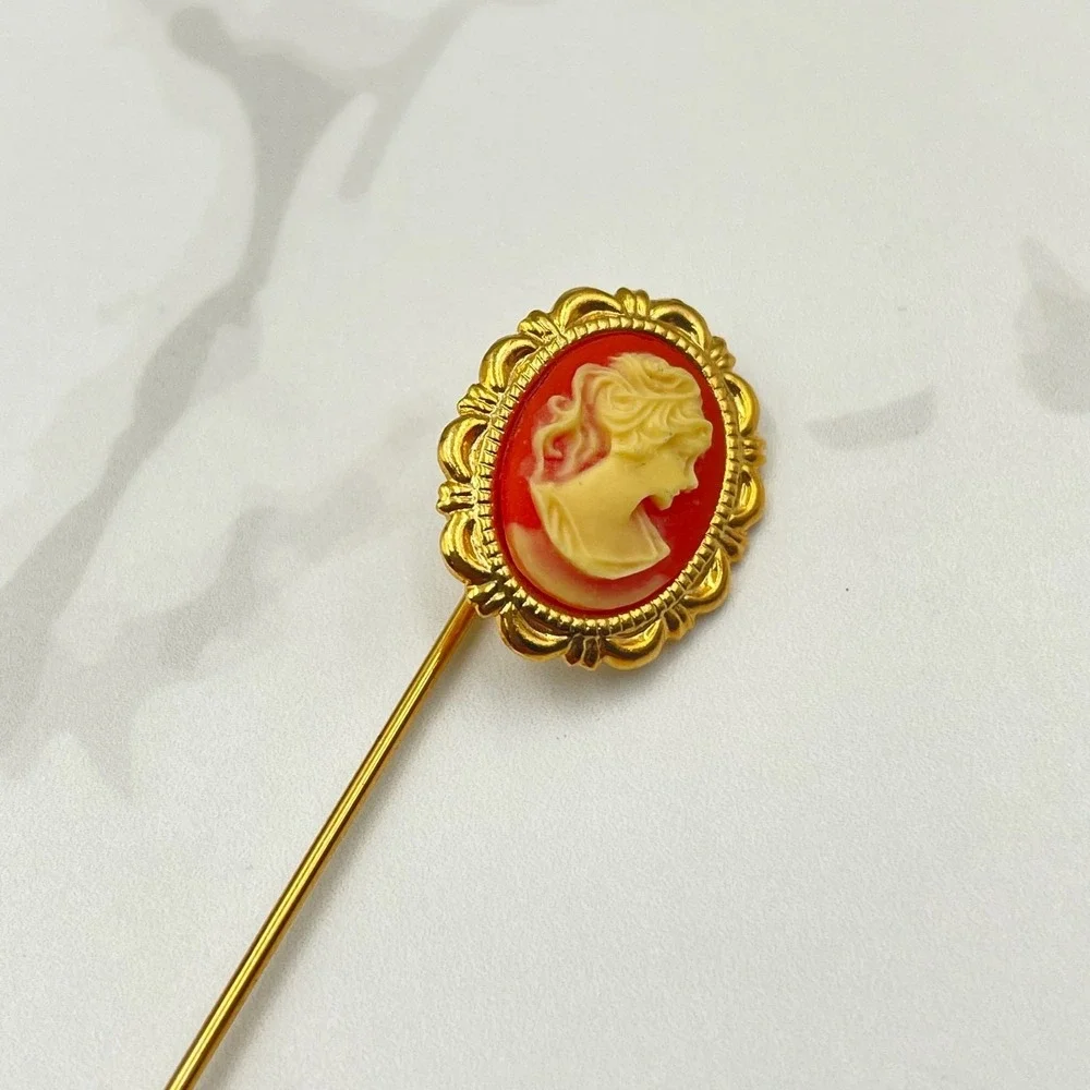 Vintage VTG Cameo Hat Pin Stick Pin Gold Tone White Portrait 2 3/4